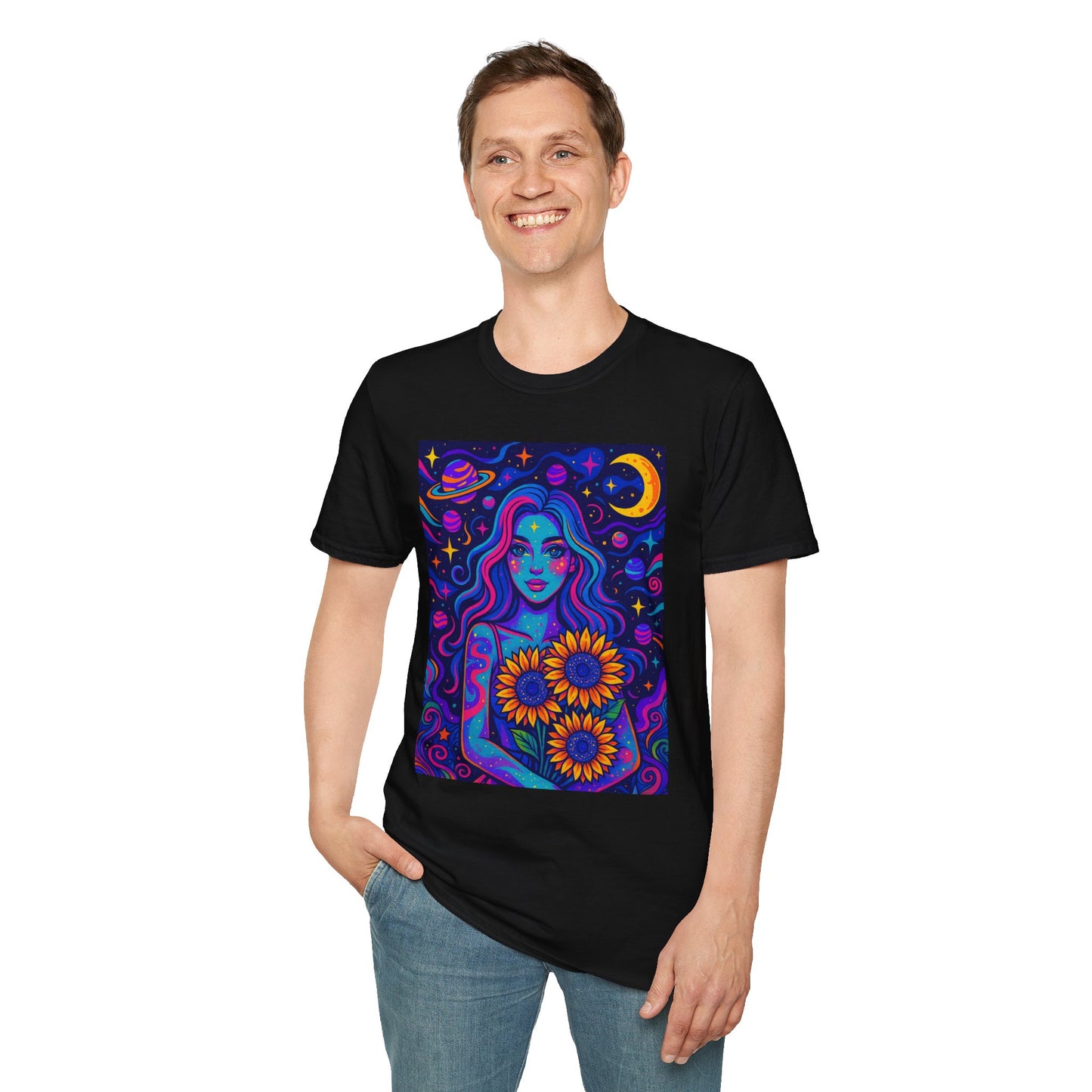 Psychedelic Sunflower Girl Shirt Trippy Space Goddess Tee Gift for Astrology Lovers Cosmic Art T Shirt for Hippies Star Gazers and Moon Magic Fans