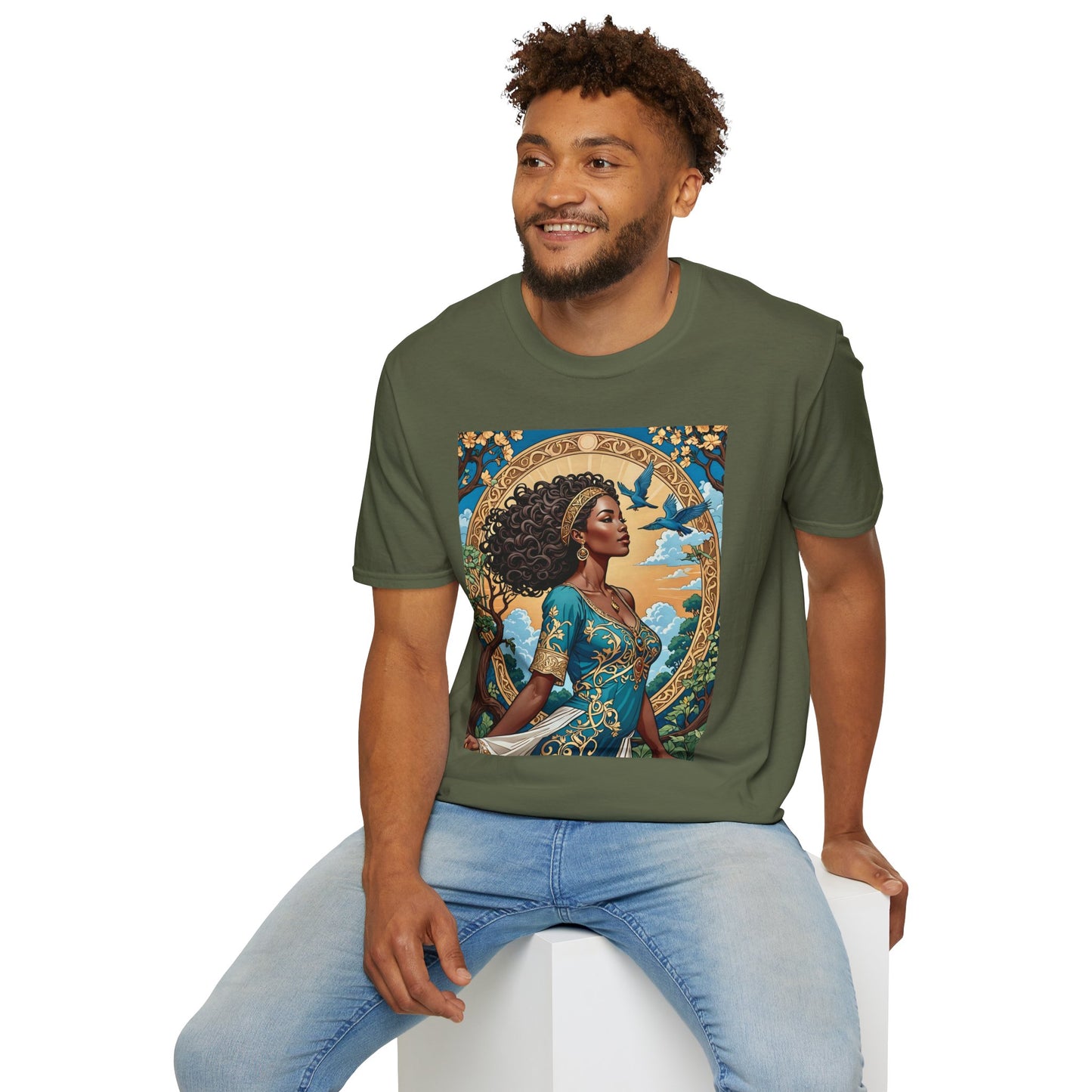 Bohemian Goddess T-Shirt, Unisex Softstyle Tee, Nature-Inspired Apparel, Gift for Women, Artistic Graphic Shirt, Eco-Friendly Fashion