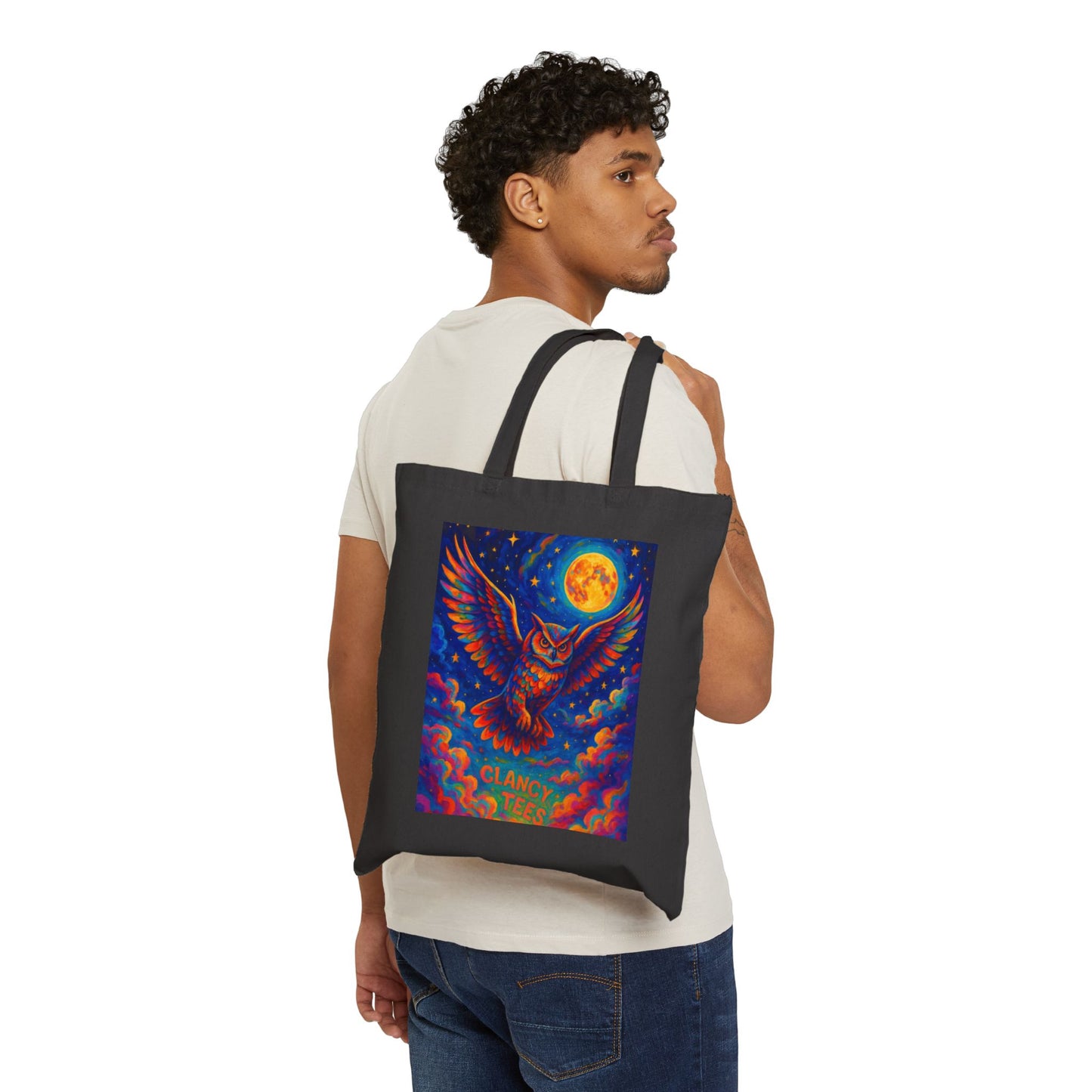 Psychedelic Owl Moon Tote Bag Canvas Reusable Eco Friendly Trippy Night Artwork
