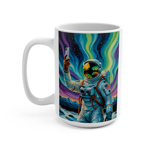Astronaut Selfie Coffee Mug Psychedelic Northern Lights Ceramic Cup Outer Space Adventure Artwork Gift for Stargazers Cosmic Drinkware Unique Galaxy Art