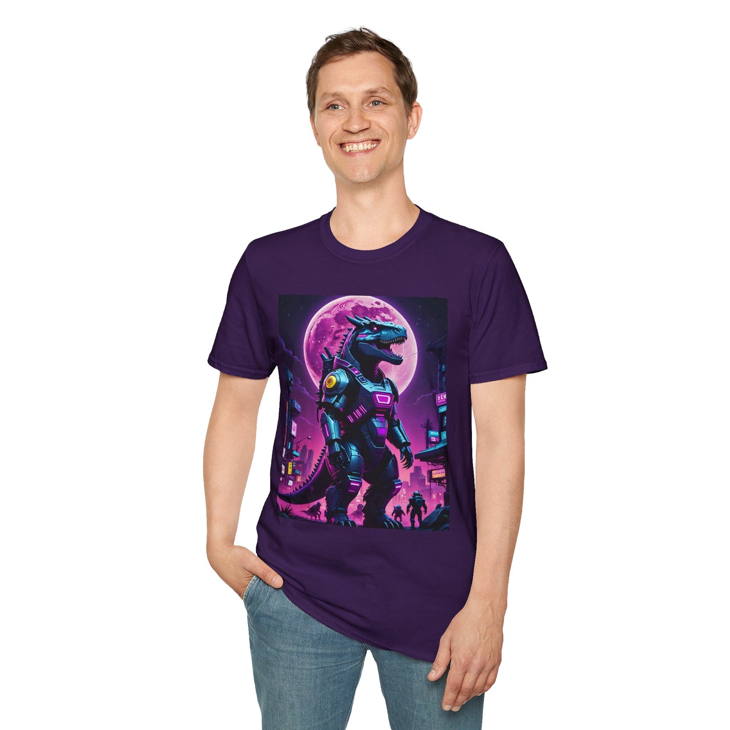 Cyberpunk Dinosaur T Shirt Neon Retro Graphic Tee Futuristic Monster Artwork Top Gift for Sci Fi Fans