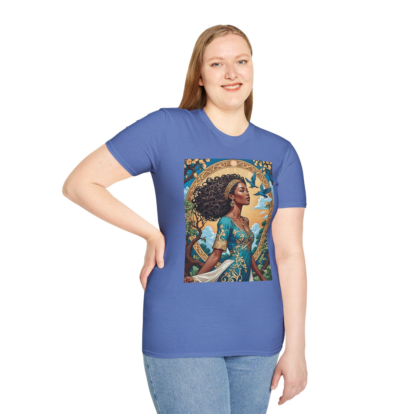 Bohemian Goddess T-Shirt, Unisex Softstyle Tee, Nature-Inspired Apparel, Gift for Women, Artistic Graphic Shirt, Eco-Friendly Fashion