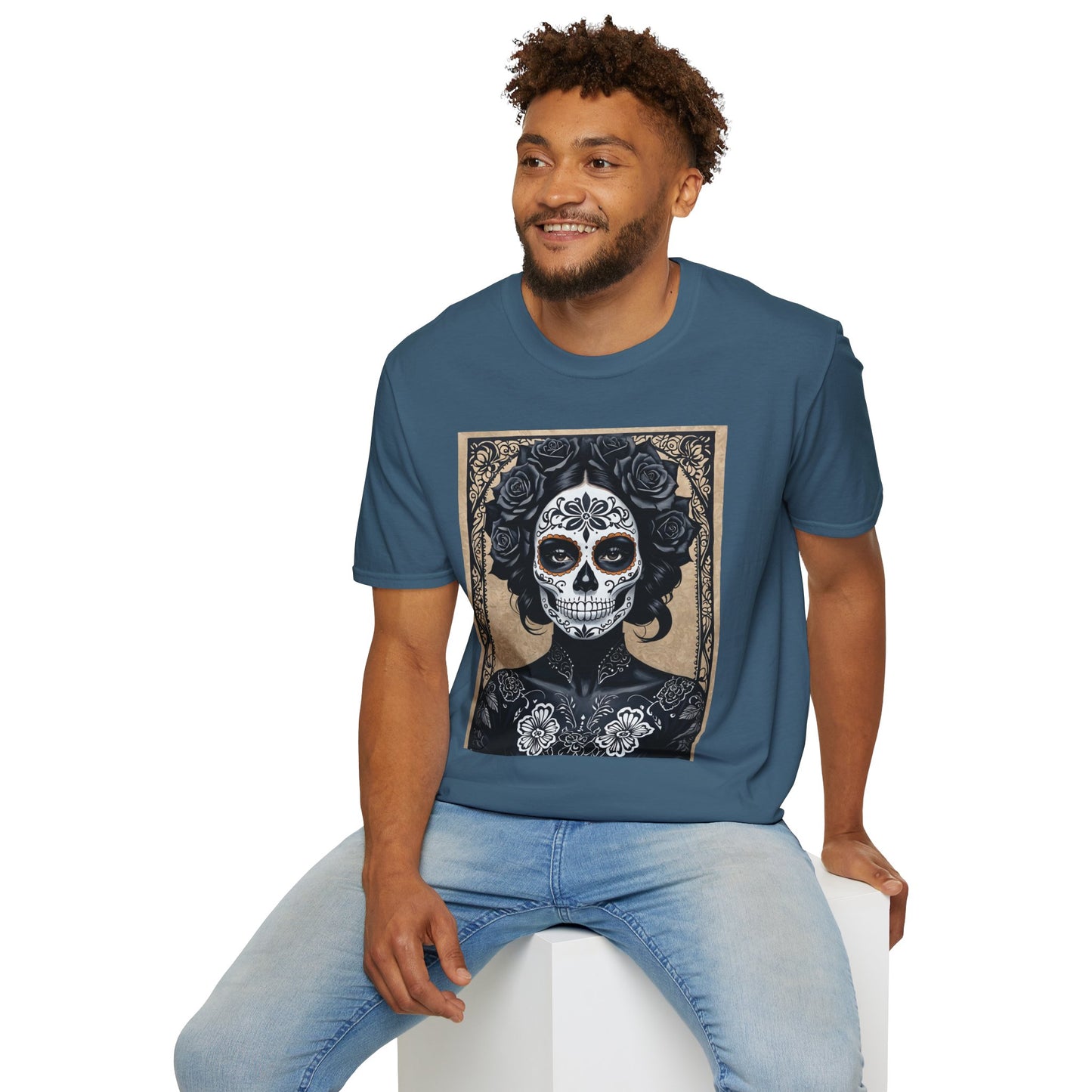 Black Floral Skull Tattoo Shirt – Gothic Día de los Muertos Tee – Gift for Skull Collectors, Tattoo Fans, and Alt Aesthetic Enthusiasts