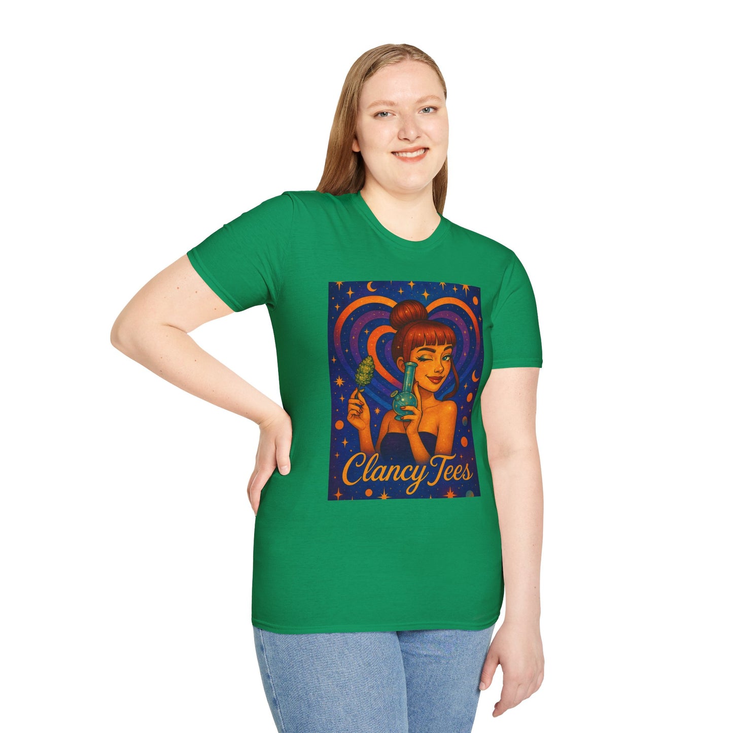 Cosmic Stoner Girl Art T-Shirt, Vintage Style Tee, Fun Summer Shirt, Gift for Art Lovers, Cute Graphic Tee, Unique Casual Wear