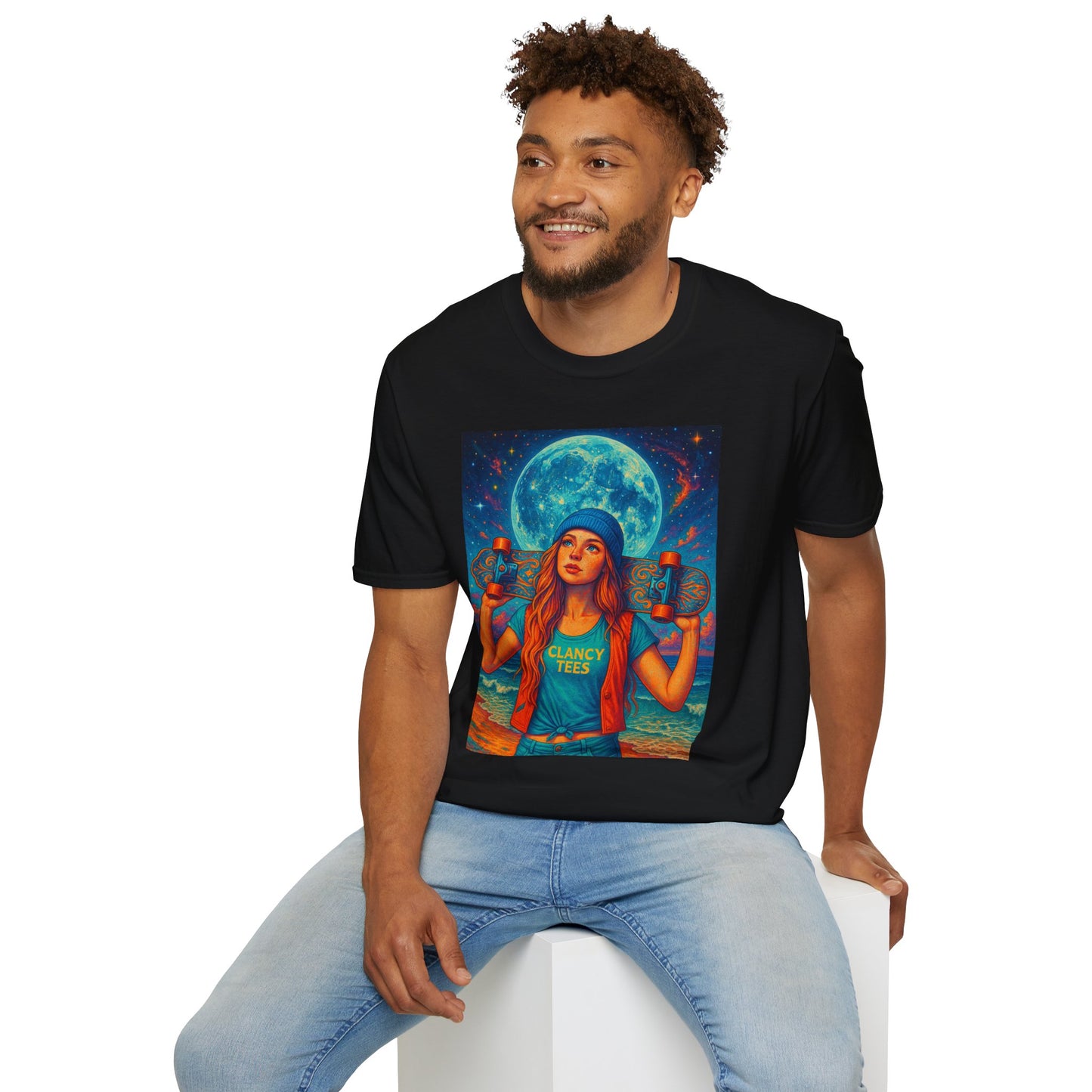 Bohemian Skater Girl Graphic Tee, Unisex T-Shirt with Moon & Nature Design, Perfect for Festivals, Gift for Nature Lovers, Summer Vibes, Casual Wear