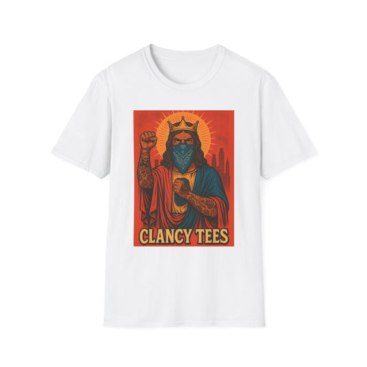 Tattooed Jesus Street Art Shirt – Clancy Tees | Urban Messiah Graphic Tee | Bold Religious Satire Shirt | King of the Block Tee