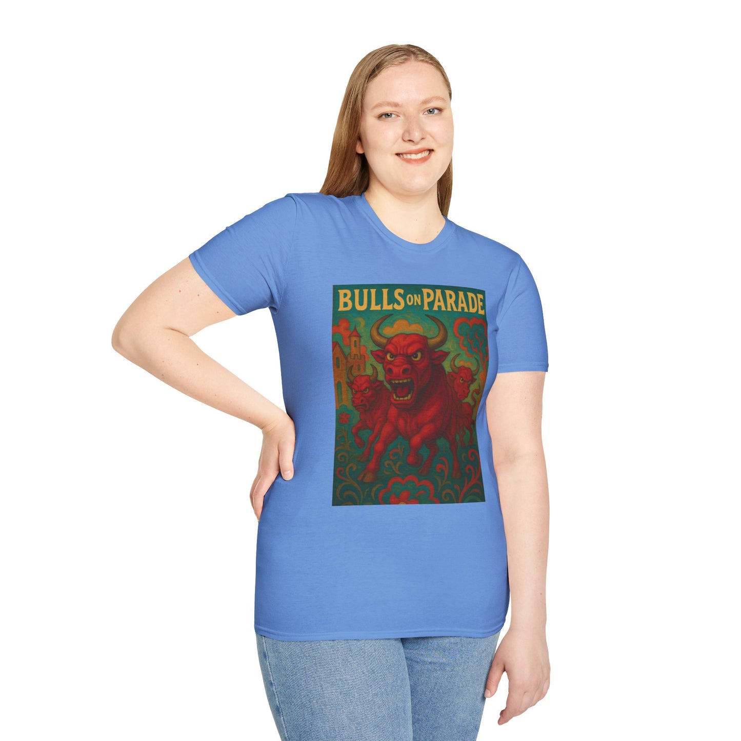 Bulls on Parade Shirt – Psychedelic Rage-Inspired Bull Graphic Tee • Gildan Softstyle® Unisex • Protest Art T-Shirt • Gift for Rage Fans