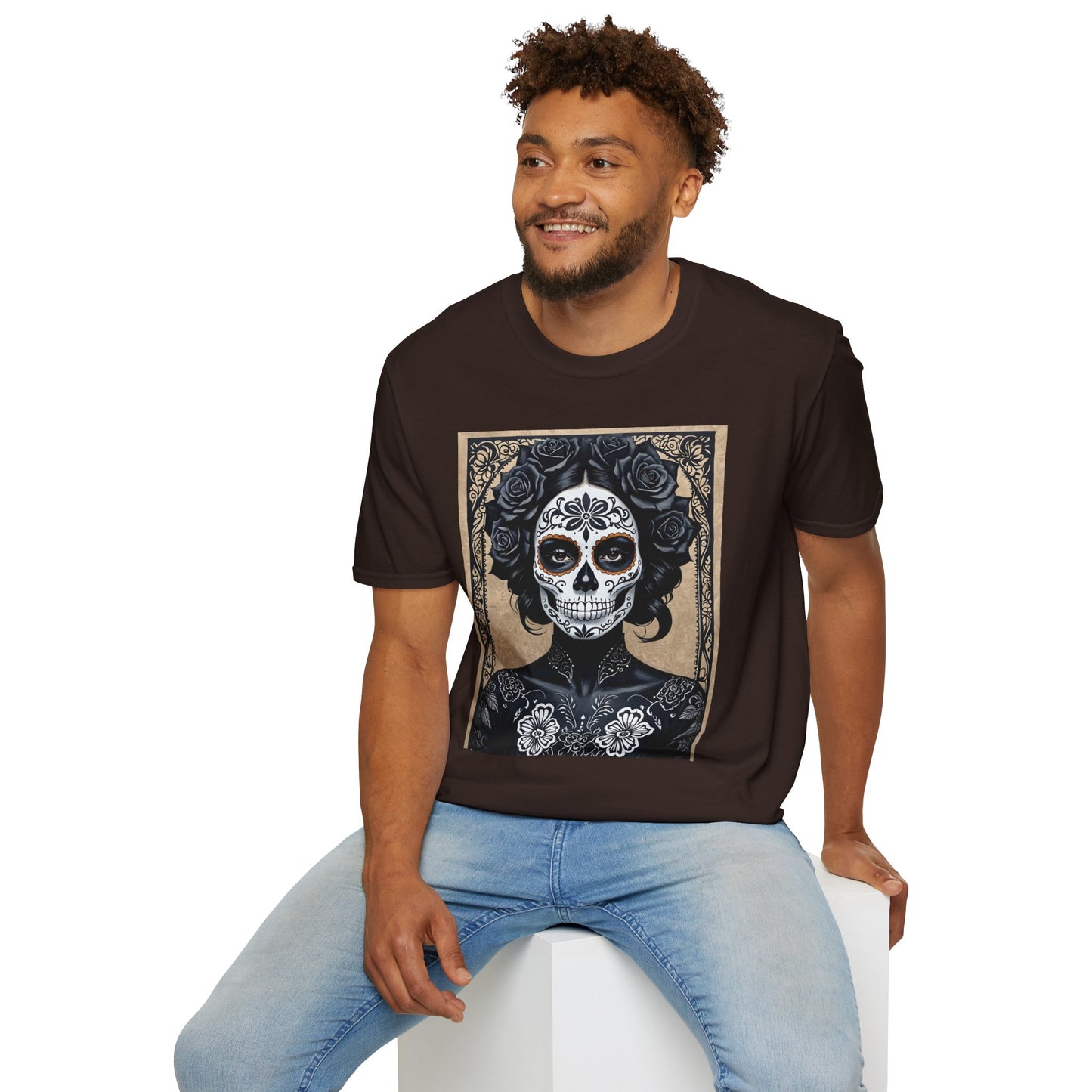 Black Floral Skull Tattoo Shirt – Gothic Día de los Muertos Tee – Gift for Skull Collectors, Tattoo Fans, and Alt Aesthetic Enthusiasts