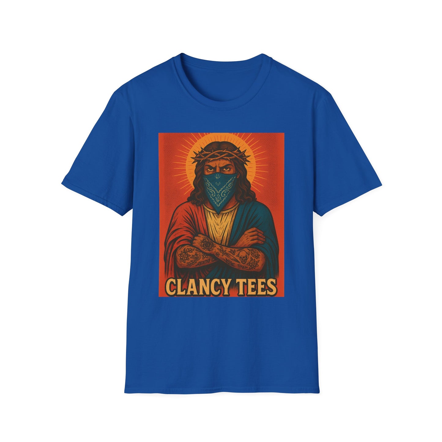 Gangsta Jesus Tattoo Shirt – Bold Religious Parody Tee with Face Mask – Street Art Style Graphic – Gift for Rebels, Sinners, and Faithful Rule-Breakers