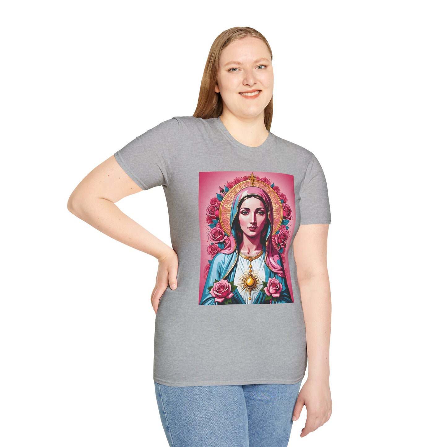 Unisex Softstyle T-Shirt with Sacred Heart Design, Spiritual Apparel, Artistic Gift for Many Occasions, Vintage Aesthetic, Festive Wear
