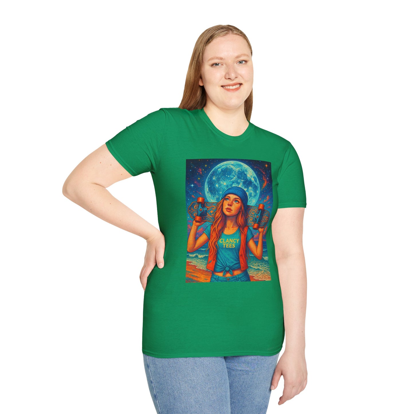Bohemian Skater Girl Graphic Tee, Unisex T-Shirt with Moon & Nature Design, Perfect for Festivals, Gift for Nature Lovers, Summer Vibes, Casual Wear