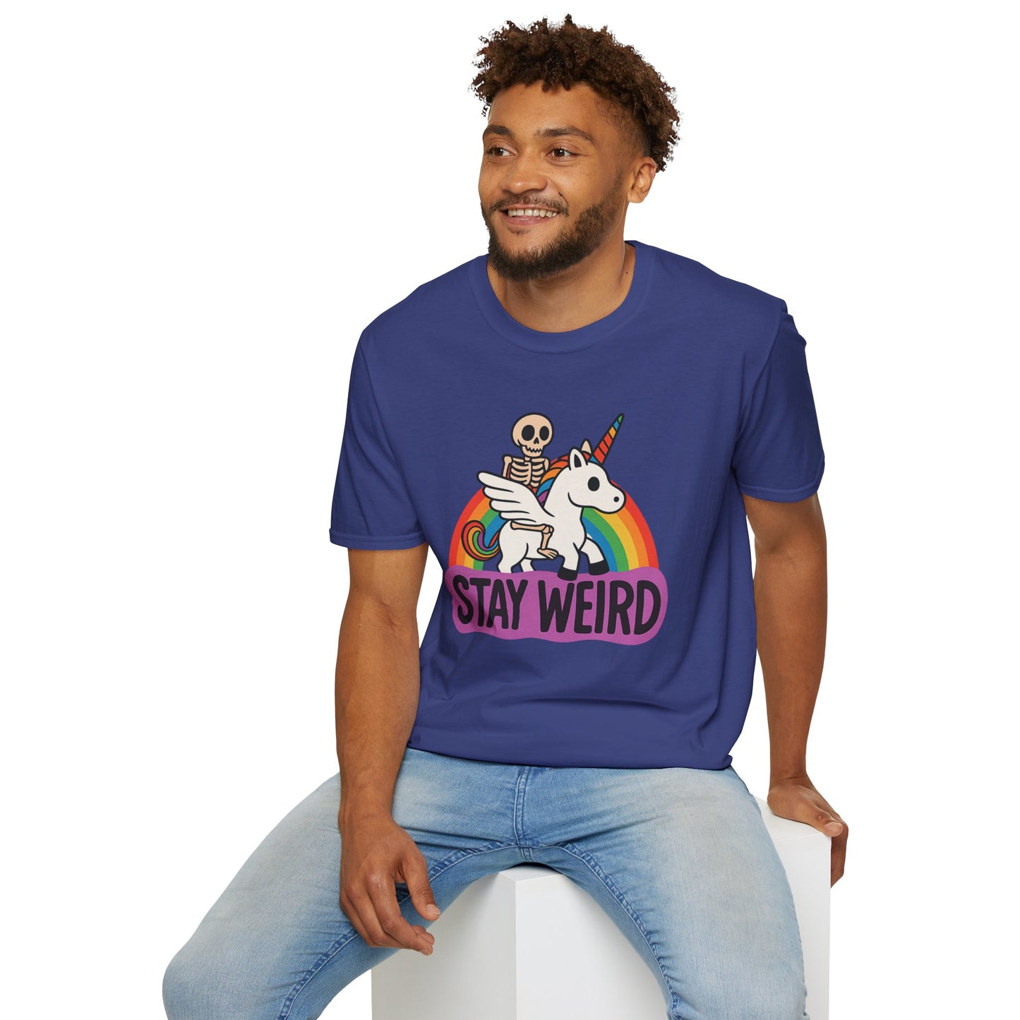 Stay Weird Skeleton Unicorn Shirt – Funny Rainbow Graphic Tee – Whimsical Weirdcore Clothing – Gift for Quirky Friends and Oddball Souls