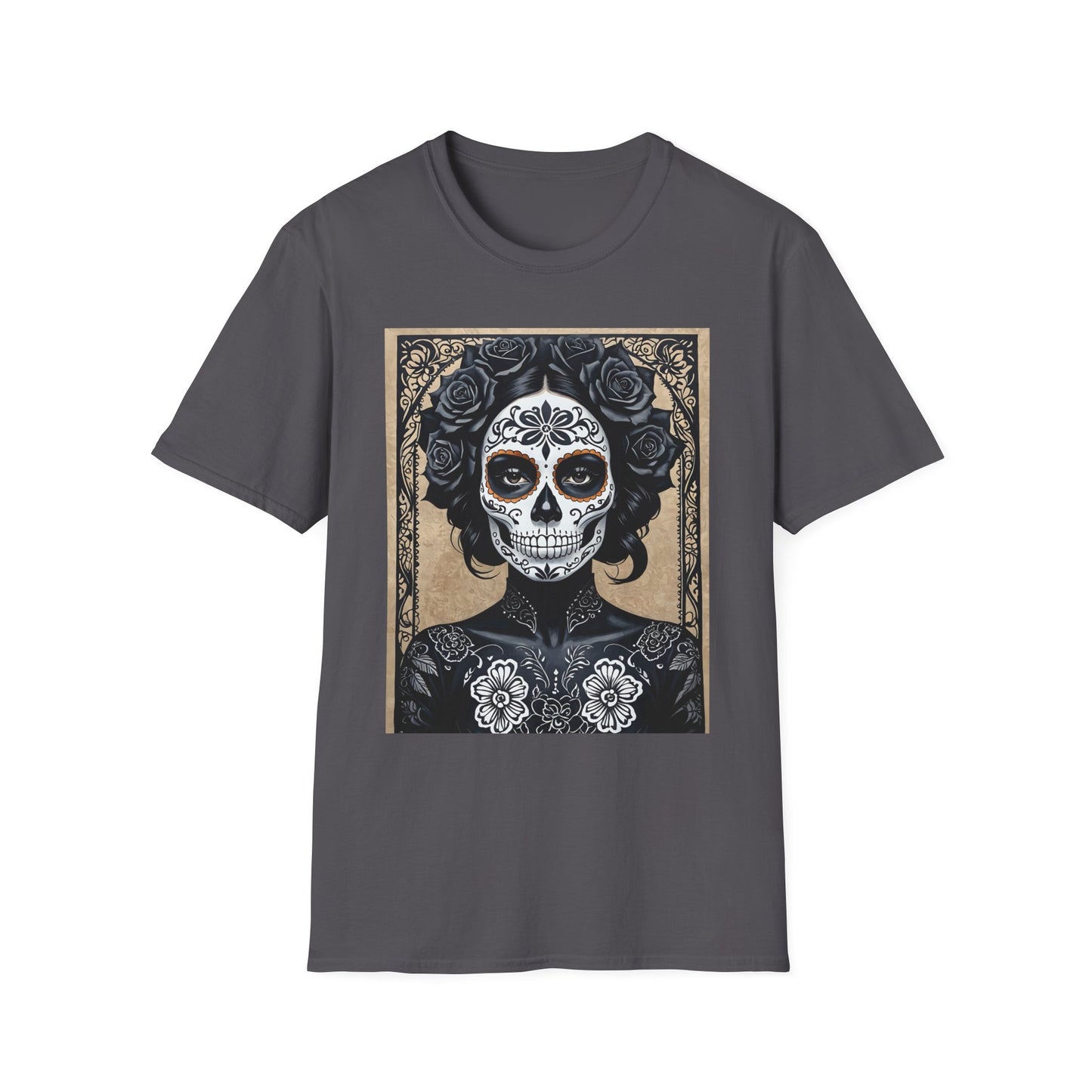 Black Floral Skull Tattoo Shirt – Gothic Día de los Muertos Tee – Gift for Skull Collectors, Tattoo Fans, and Alt Aesthetic Enthusiasts
