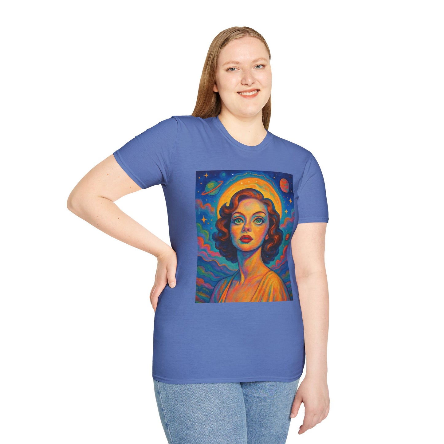Retro Space Girl T Shirt Vintage Sci Fi Beauty Psychedelic Pop Art Galaxy Babe Tee Gift for Star Gazers Cosmic Fashion Astronaut Dreamwear