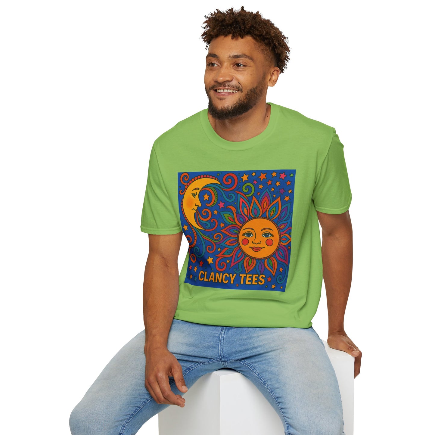 Sun and Moon Vibrant Tee, Unisex Softstyle T-Shirt for Summer Vibes, Boho Fashion, Gift for Her, Festival Wear, Casual Wear