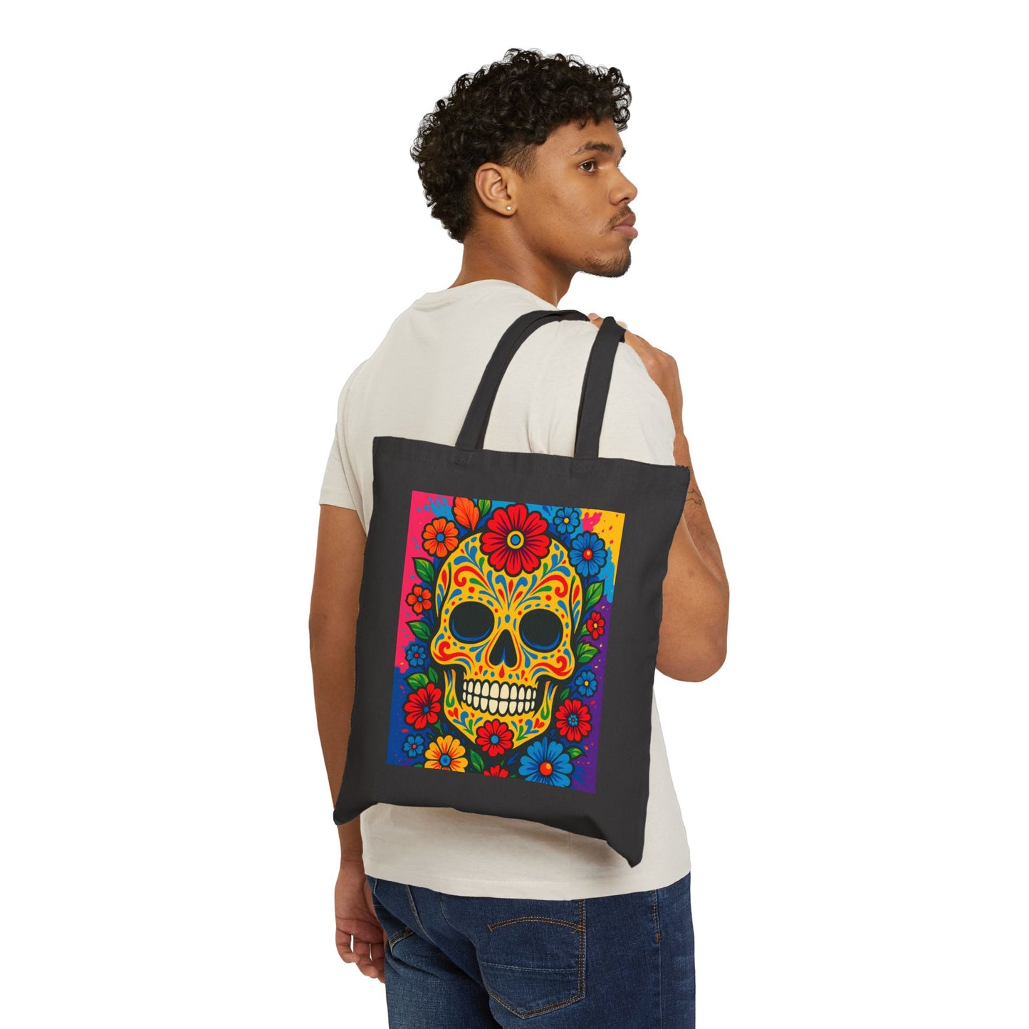 Sugar Skull Floral Tote Bag Canvas Reusable Eco Friendly Day Of The Dead Artwork