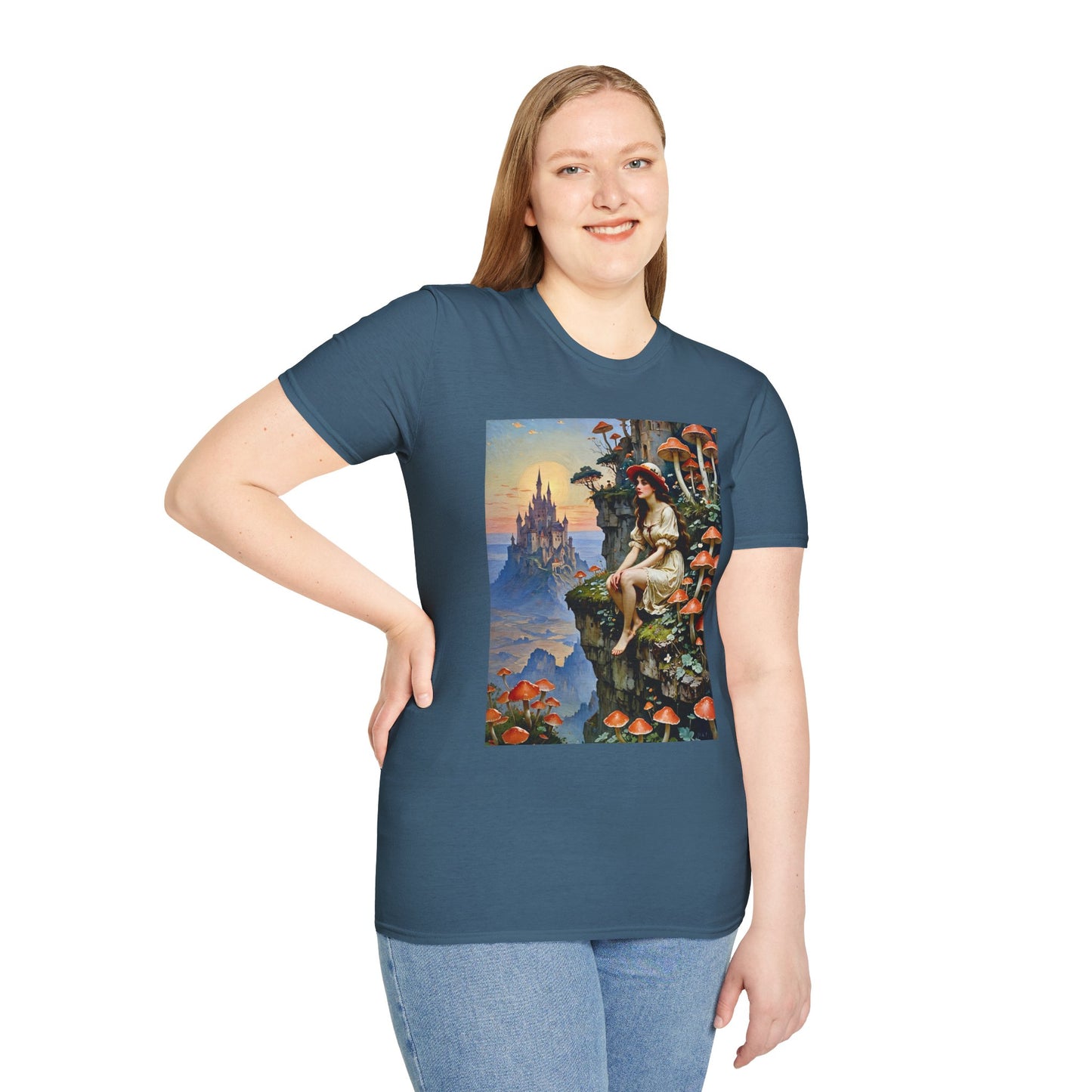 Fantasy Mushroom Fairy T-Shirt Enchanted Castle Cliffside Tee Surreal Magic Art Shirt Gift for Fantasy Fans Gift for Dreamers Psychedelic Nature Tee