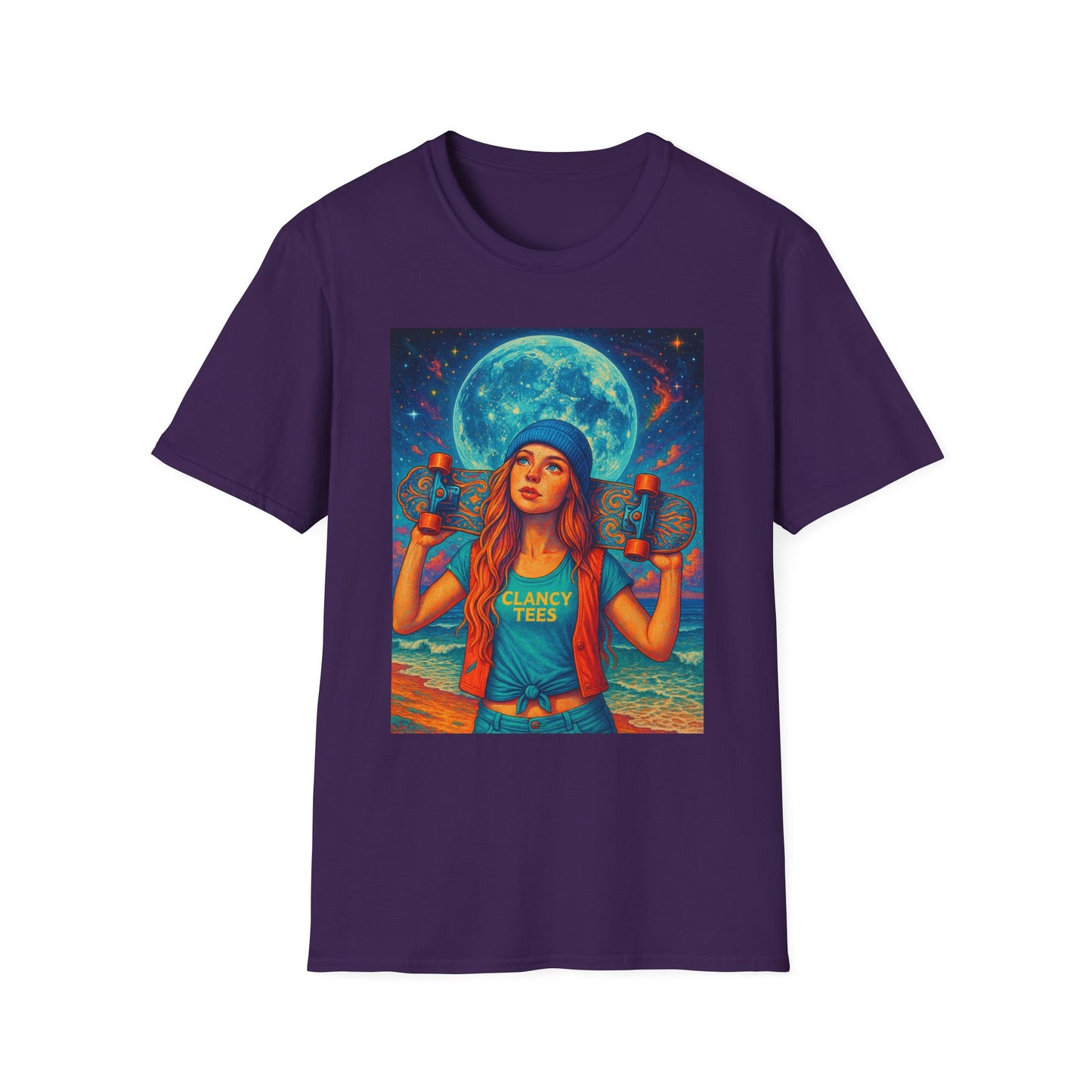 Bohemian Skater Girl Graphic Tee, Unisex T-Shirt with Moon & Nature Design, Perfect for Festivals, Gift for Nature Lovers, Summer Vibes, Casual Wear