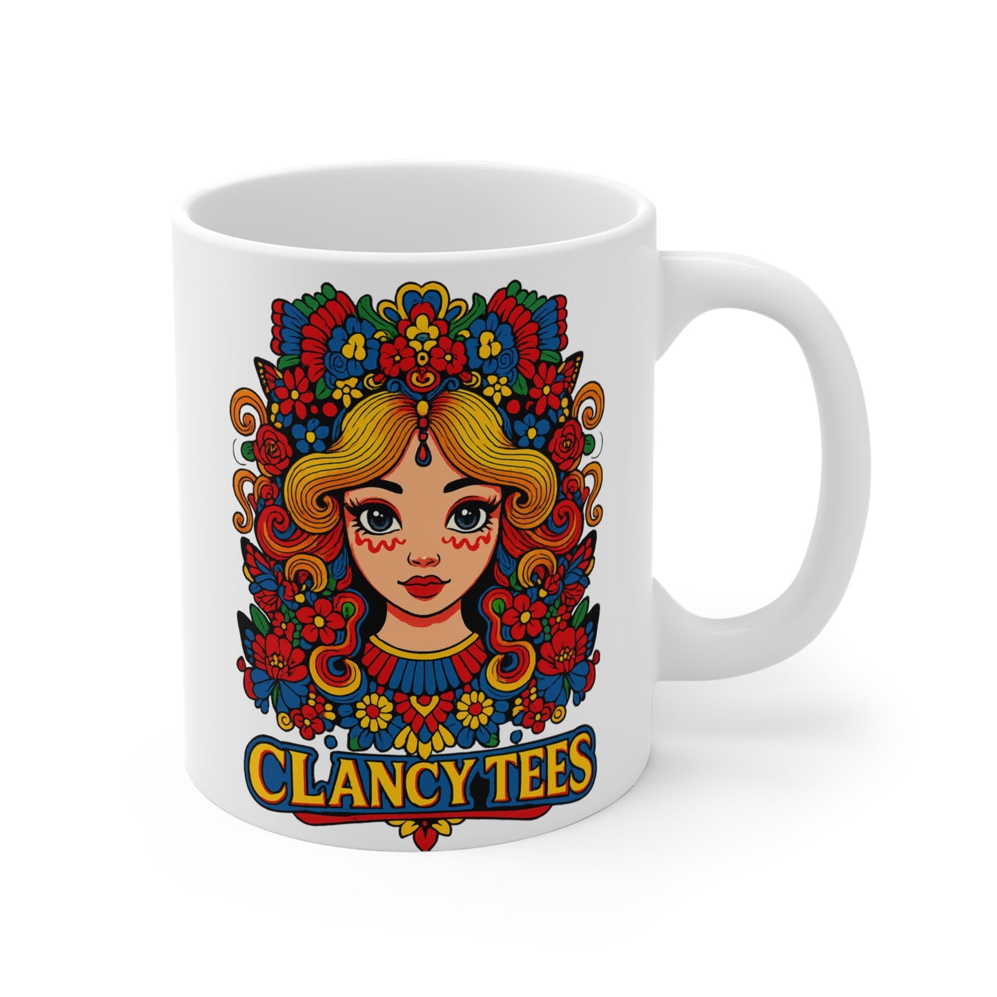 Folk Art Girl Mug 11oz Colorful Coffee Cup Boho Ceramic Gift