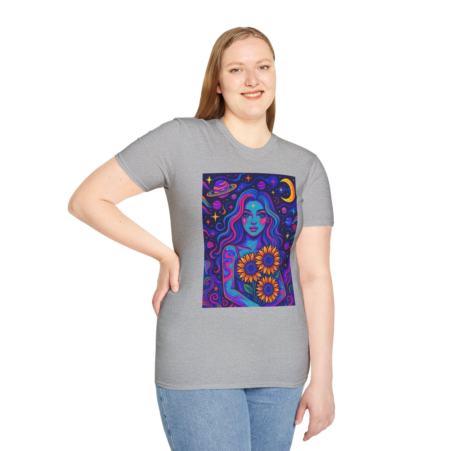 Psychedelic Sunflower Girl Shirt Trippy Space Goddess Tee Gift for Astrology Lovers Cosmic Art T Shirt for Hippies Star Gazers and Moon Magic Fans