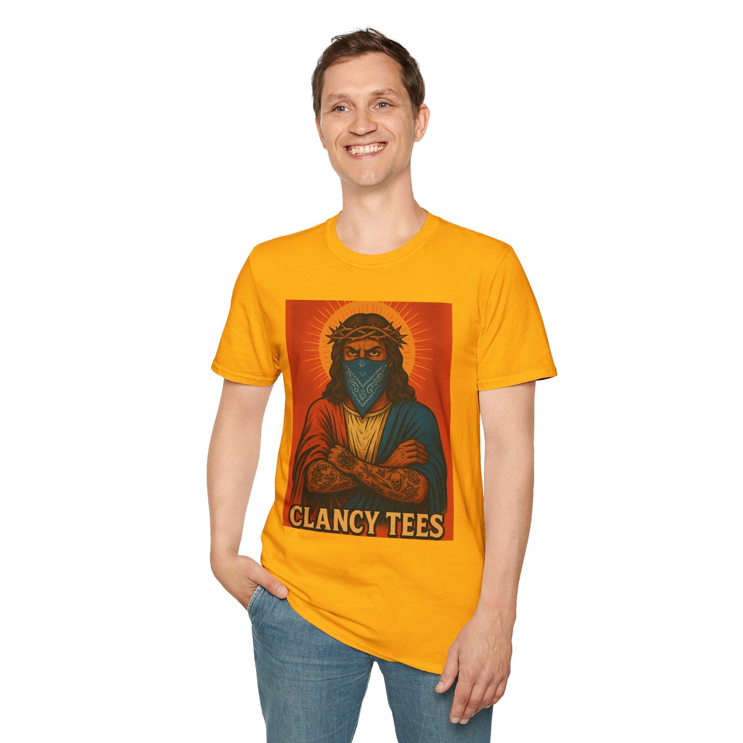 Gangsta Jesus Tattoo Shirt – Bold Religious Parody Tee with Face Mask – Street Art Style Graphic – Gift for Rebels, Sinners, and Faithful Rule-Breakers