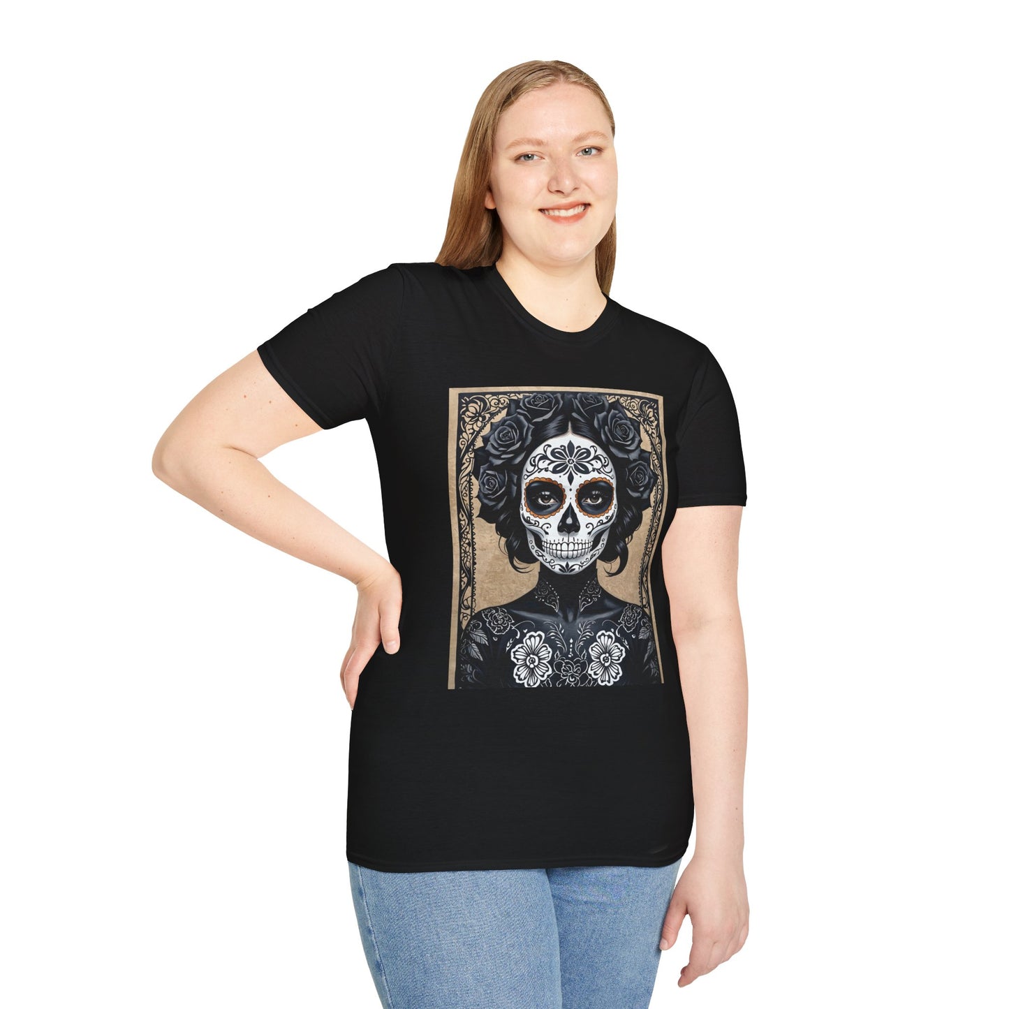 Black Floral Skull Tattoo Shirt – Gothic Día de los Muertos Tee – Gift for Skull Collectors, Tattoo Fans, and Alt Aesthetic Enthusiasts