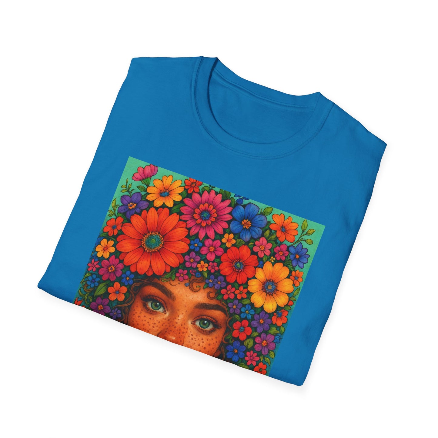 Flower Crown Woman T-Shirt – Afro Boho Floral Portrait Tee – Vibrant Art Shirt Gift for Nature Lovers, Hippies, Artists, and Bold Aesthetic Queens