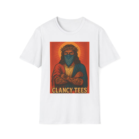 Gangsta Jesus Tattoo Shirt – Bold Religious Parody Tee with Face Mask – Street Art Style Graphic – Gift for Rebels, Sinners, and Faithful Rule-Breakers