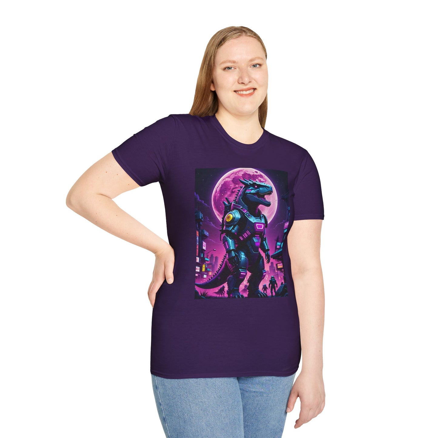 Cyberpunk Dinosaur T Shirt Neon Retro Graphic Tee Futuristic Monster Artwork Top Gift for Sci Fi Fans