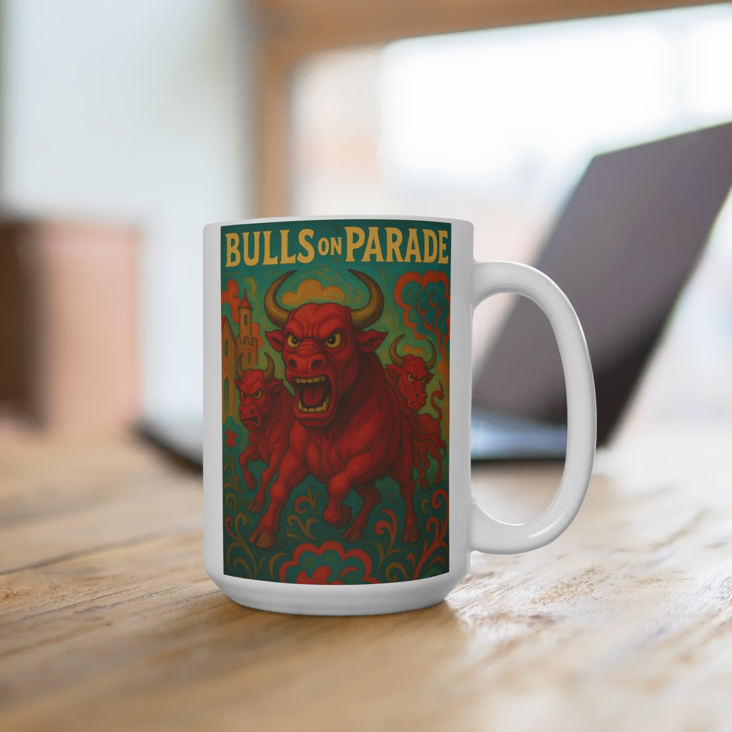Bulls On Parade Mug – Fierce Red Bull Coffee Cup With Bold Retro Artwork, Heavy Metal Gift For Rock Fans