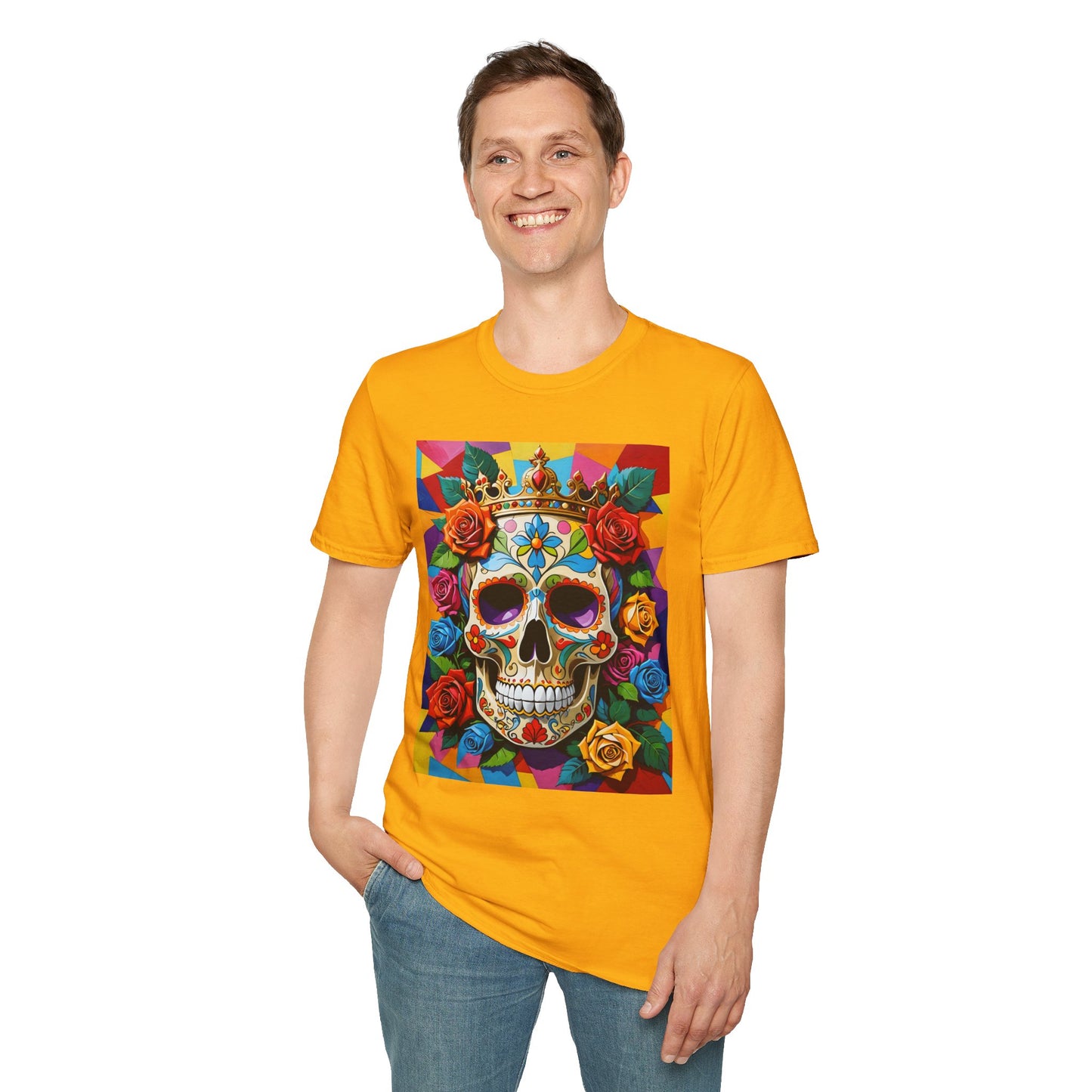 Royal Skull and Roses Shirt – Colorful Crowned Skull Tee – Gift for Halloween Fans, Tattoo Art Collectors, and Bold Fashion Enthusiasts
