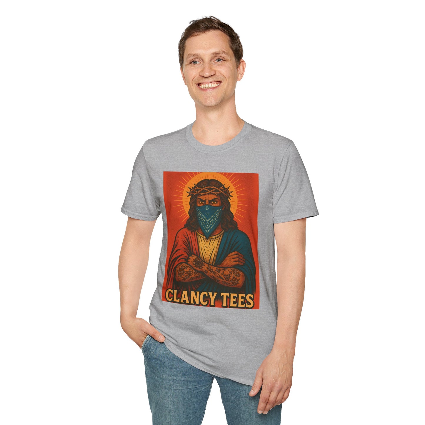 Gangsta Jesus Tattoo Shirt – Bold Religious Parody Tee with Face Mask – Street Art Style Graphic – Gift for Rebels, Sinners, and Faithful Rule-Breakers