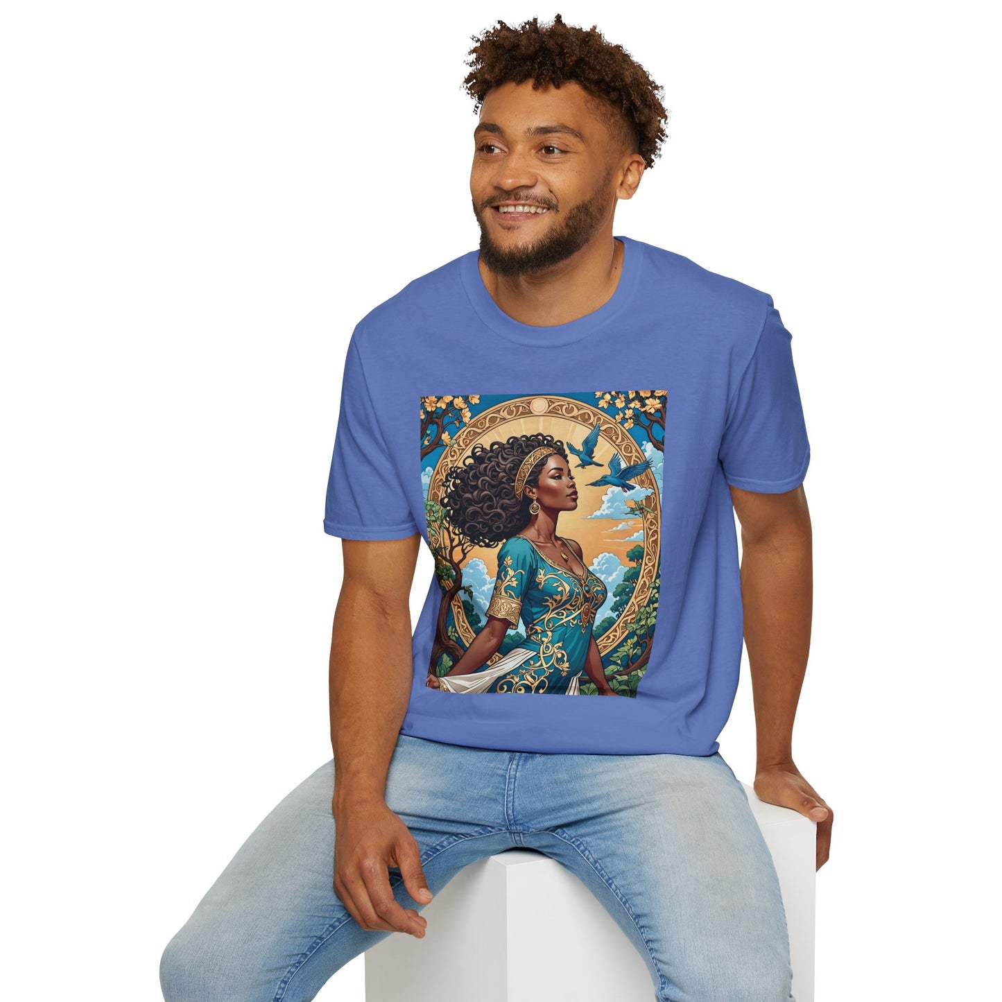 Bohemian Goddess T-Shirt, Unisex Softstyle Tee, Nature-Inspired Apparel, Gift for Women, Artistic Graphic Shirt, Eco-Friendly Fashion