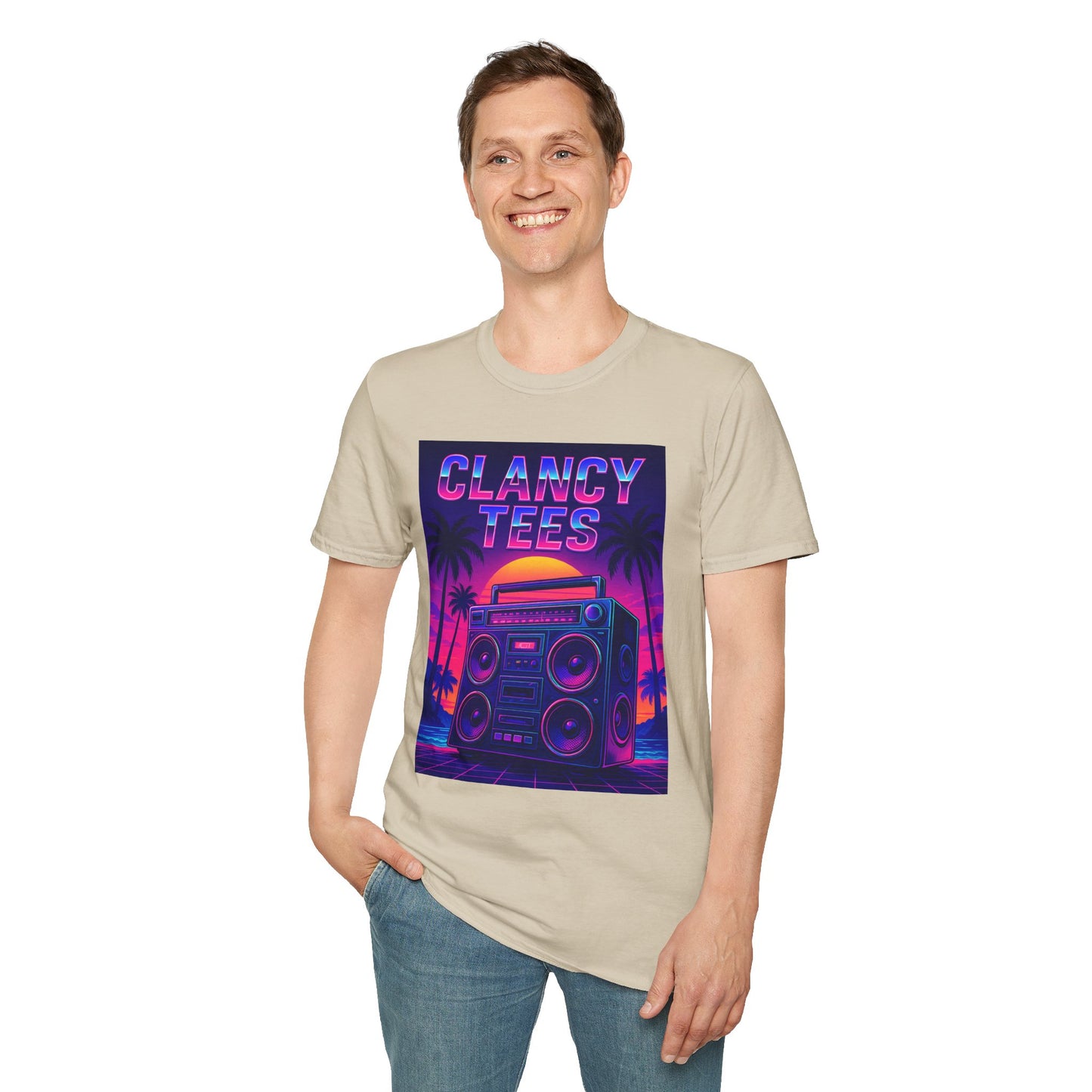 Retro Boombox Sunset Tee – Vaporwave Clancy Tees Shirt – Gift for 80s Kids, Music Lovers, Synthwave Fans & Nostalgic Neon Dreamers
