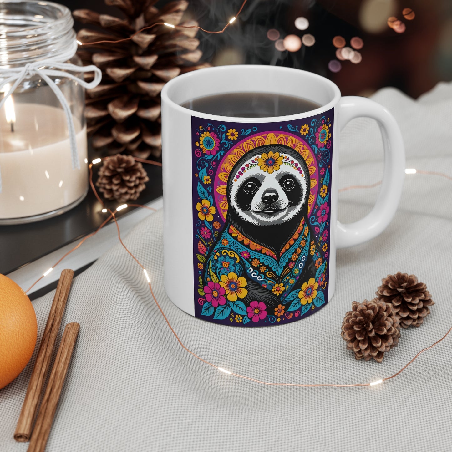 Colorful Sloth Coffee Mug 11oz Ceramic Cup Day Of The Dead Inspired Drinkware Vibrant Floral Artwork Unique Sugar Skull Design For Coffee And Tea