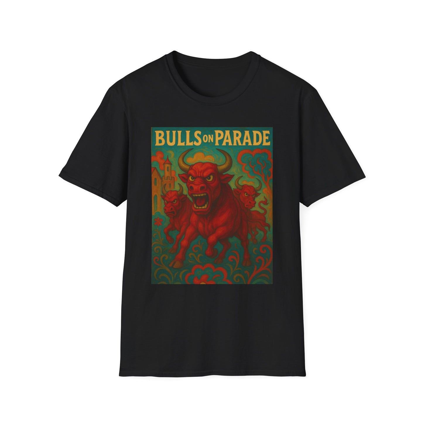 Bulls on Parade Shirt – Psychedelic Rage-Inspired Bull Graphic Tee • Gildan Softstyle® Unisex • Protest Art T-Shirt • Gift for Rage Fans