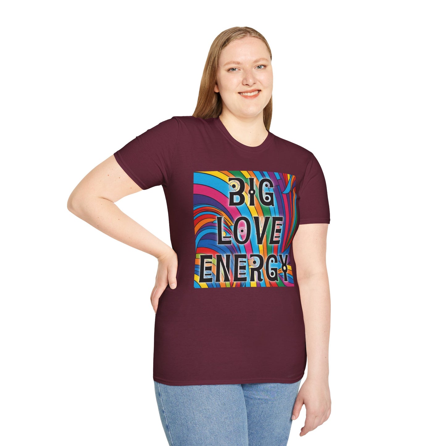 Big Love Energy Shirt – Colorful Retro Pride Rainbow Tee with Bold Positive Message – Gift for Optimists, LGBTQ Friends, and Love-First People