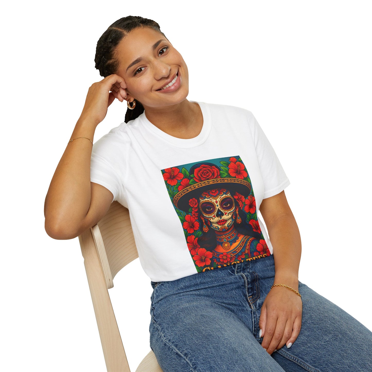 Colorful Sugar Skull T-Shirt, Day of the Dead Tee, Unique Graphic Shirt, Festival Apparel, Gift for Halloween, Unisex Softstyle Tee