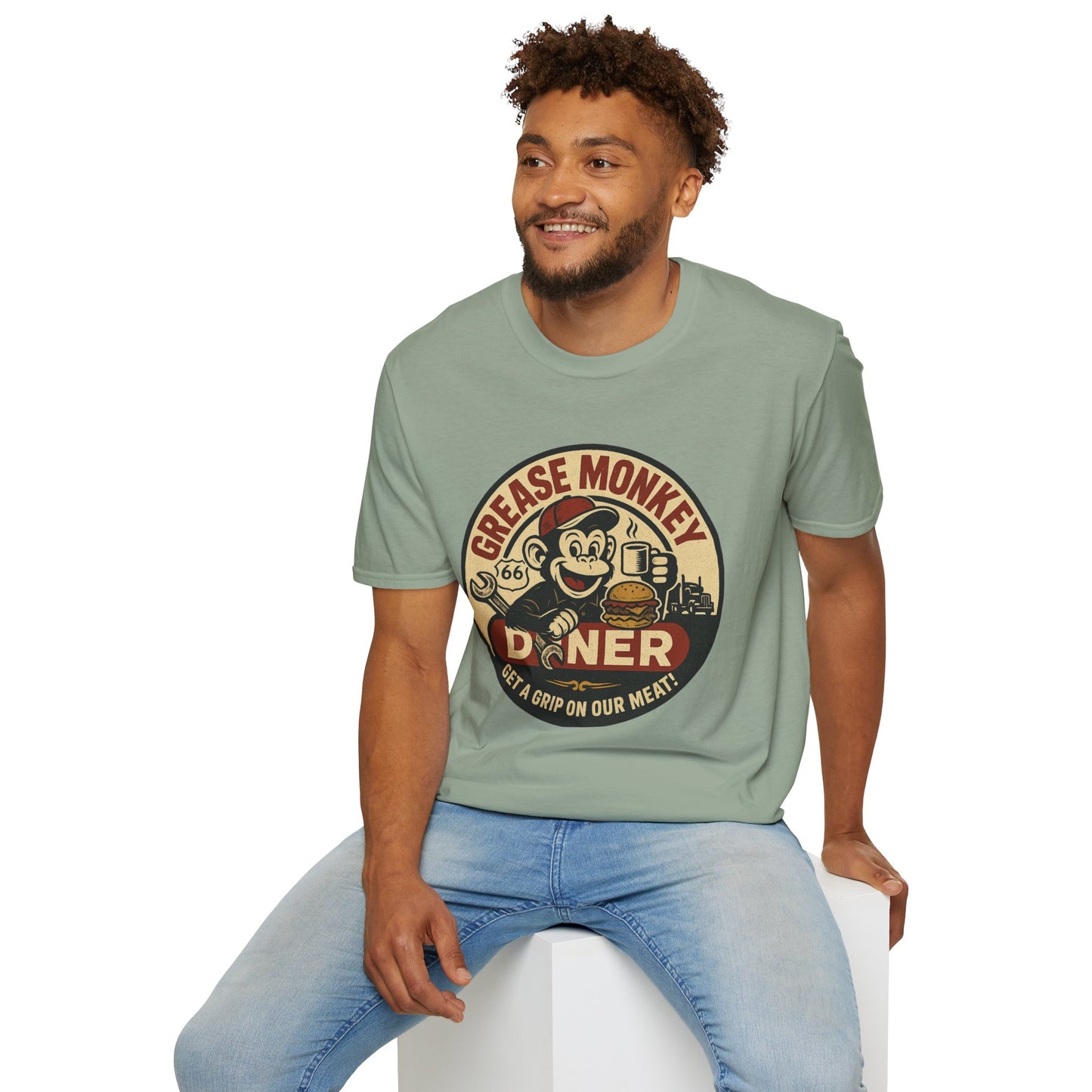 Grease Monkey Diner T-Shirt – Retro Mechanic Mascot Tee – Funny Vintage Roadside Shirt Gift for Car Guys, Grill Masters, and Route 66 Road Trip Fans