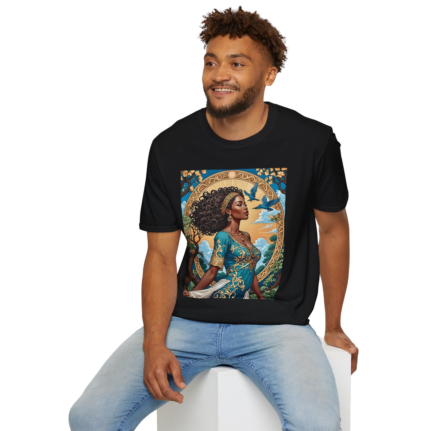 Bohemian Goddess T-Shirt, Unisex Softstyle Tee, Nature-Inspired Apparel, Gift for Women, Artistic Graphic Shirt, Eco-Friendly Fashion