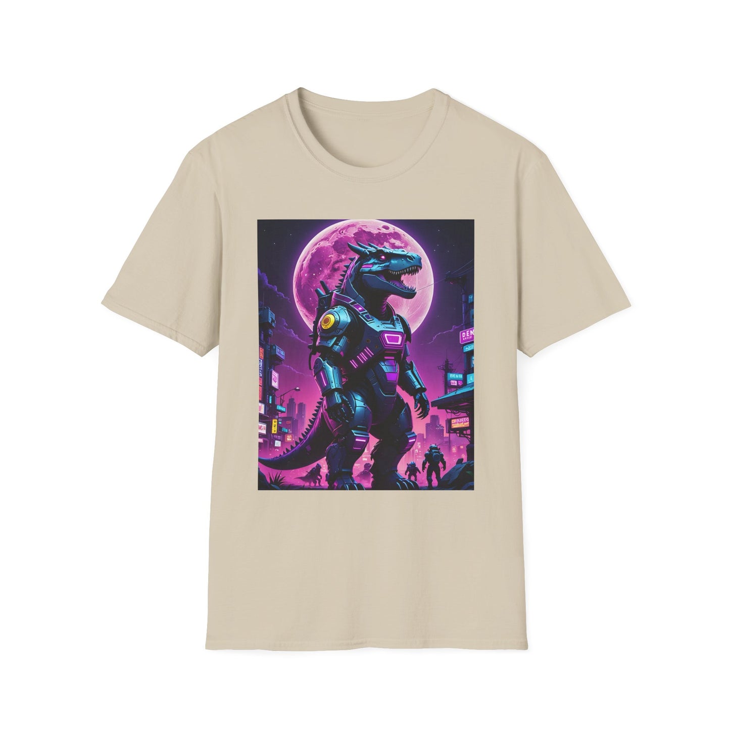 Cyberpunk Dinosaur T Shirt Neon Retro Graphic Tee Futuristic Monster Artwork Top Gift for Sci Fi Fans