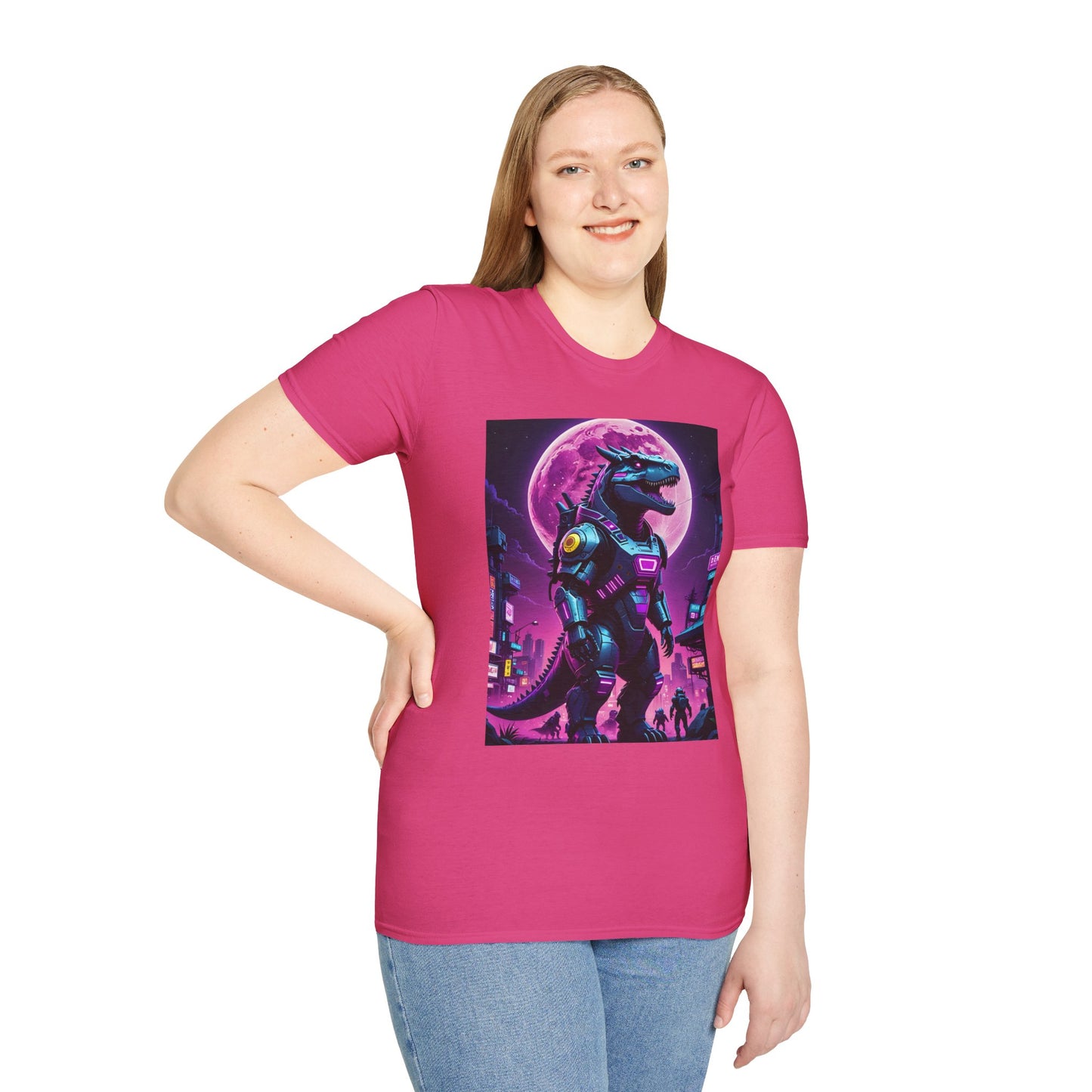 Cyberpunk Dinosaur T Shirt Neon Retro Graphic Tee Futuristic Monster Artwork Top Gift for Sci Fi Fans