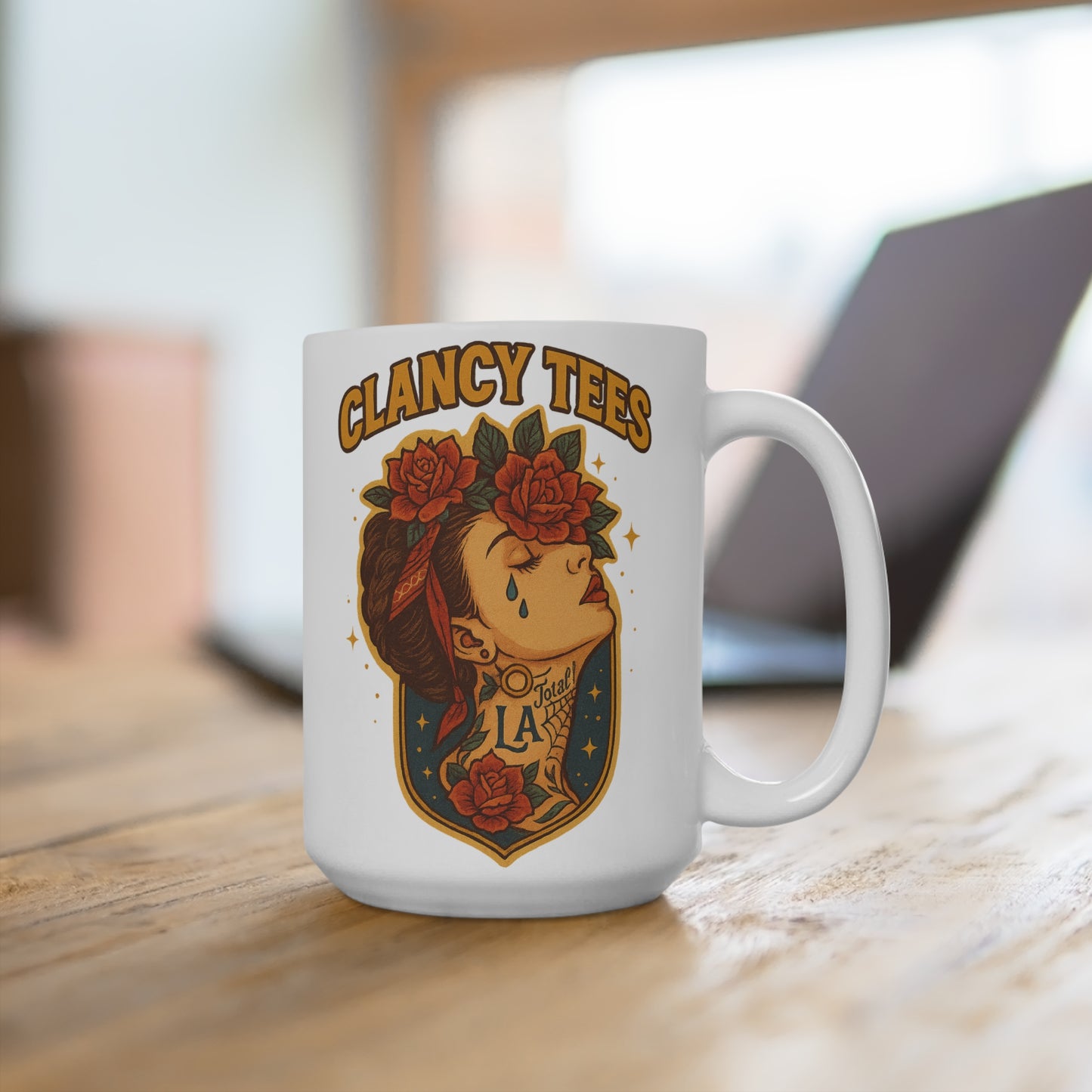 Chicano Style Rose Tattoo Mug – Bold 15oz Ceramic Coffee Cup, Chicana Artwork Drinkware, Vintage Tattoo Inspired Floral Skull Gift
