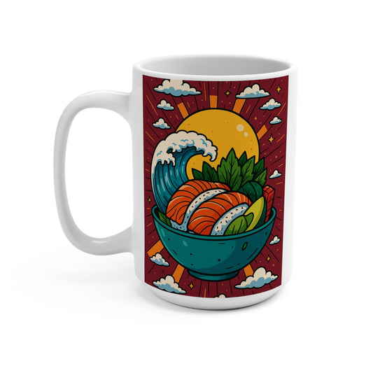 Sushi Bowl Ceramic Mug 15oz Japanese Food Coffee Cup Ocean Wave Sunrise Art Gift For Food Lovers