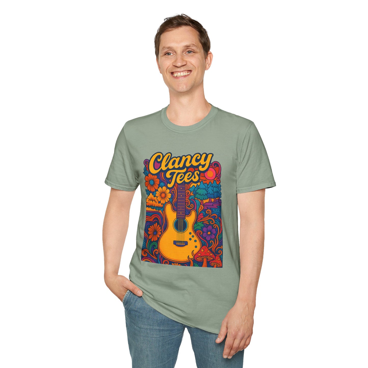 Retro Guitar Graphic T-Shirt for Music Lovers, Vintage Style Tee, Unisex Design, Ideal for Festivals and Gifts, Clancy Tees