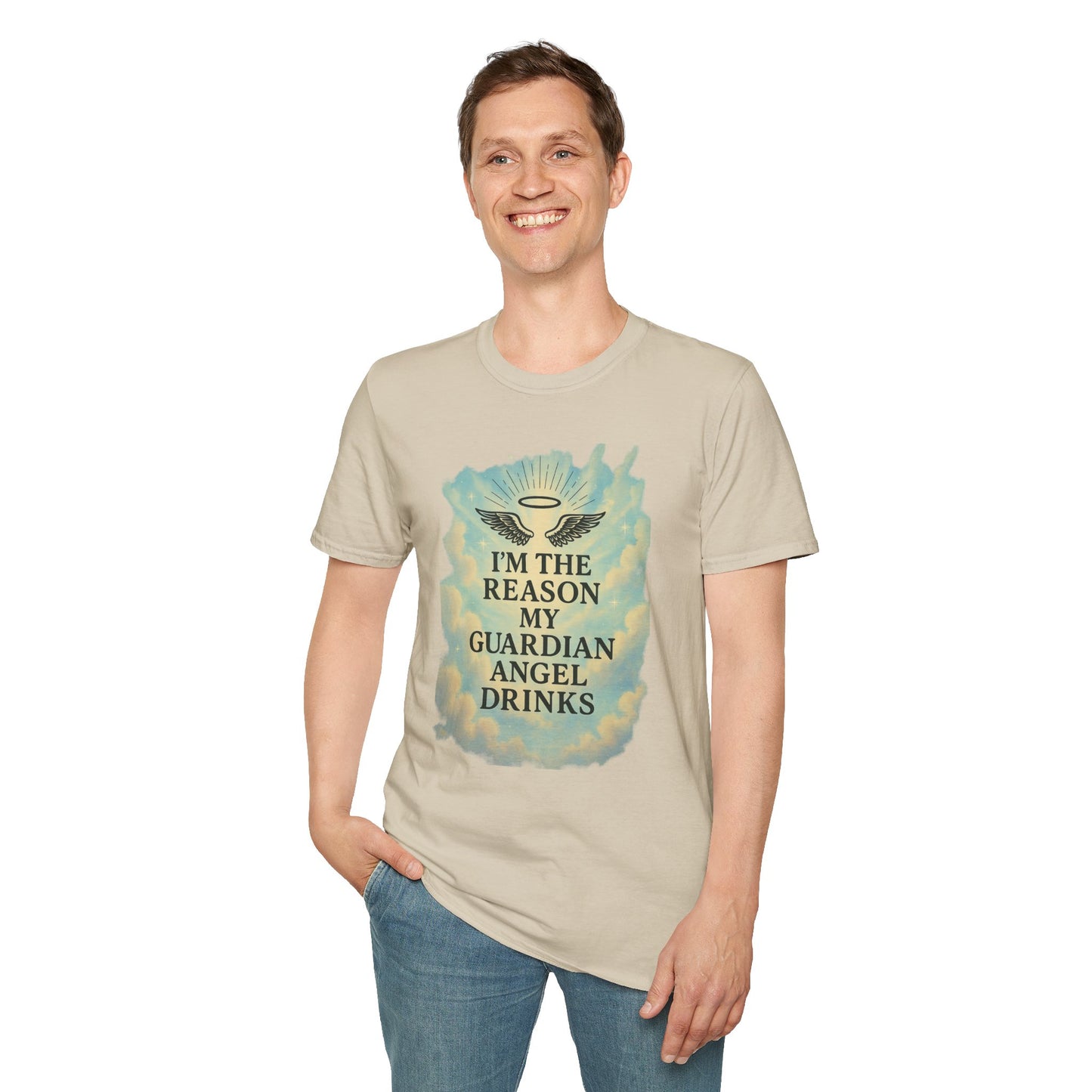 Unisex Softstyle T-Shirt, Funny Guardian Angel Tee, Unique Gift for Friends, Humor Shirt, Casual Wear, Perfect for Holidays