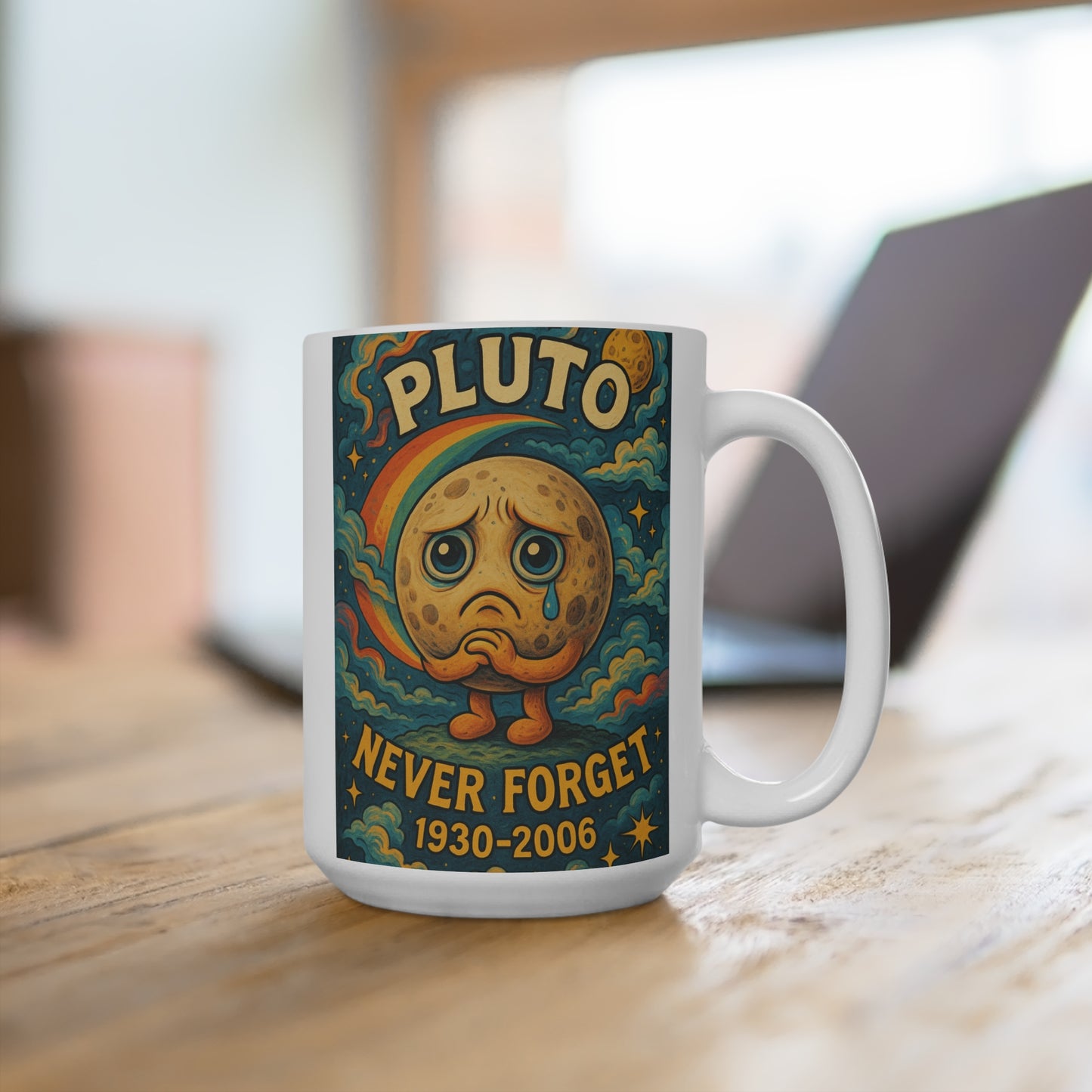 Pluto Never Forget Mug – Funny Space Coffee Cup, Astronomy Humor Gift for Science Nerds, Cosmic Sarcastic Ceramic Mug