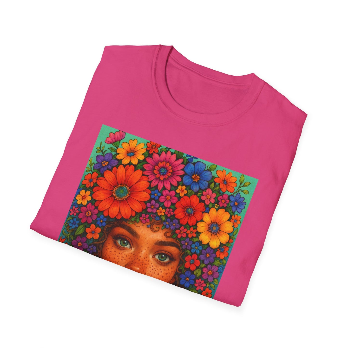 Flower Crown Woman T-Shirt – Afro Boho Floral Portrait Tee – Vibrant Art Shirt Gift for Nature Lovers, Hippies, Artists, and Bold Aesthetic Queens