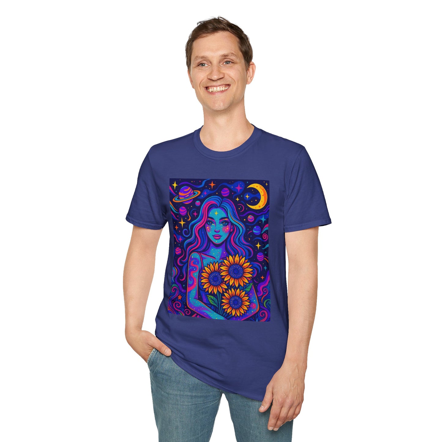 Psychedelic Sunflower Girl Shirt Trippy Space Goddess Tee Gift for Astrology Lovers Cosmic Art T Shirt for Hippies Star Gazers and Moon Magic Fans