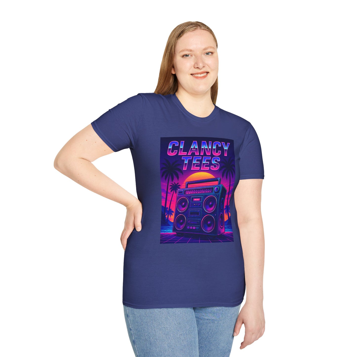 Retro Boombox Sunset Tee – Vaporwave Clancy Tees Shirt – Gift for 80s Kids, Music Lovers, Synthwave Fans & Nostalgic Neon Dreamers
